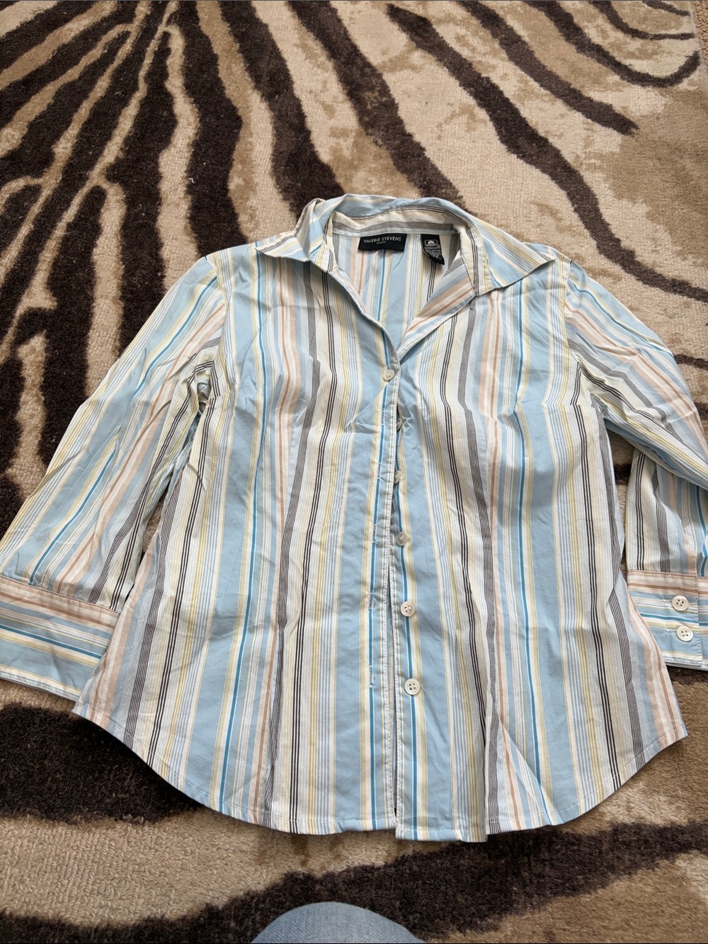 Valerie Stevens Blue, White & Tan Striped Button-Up Blouse